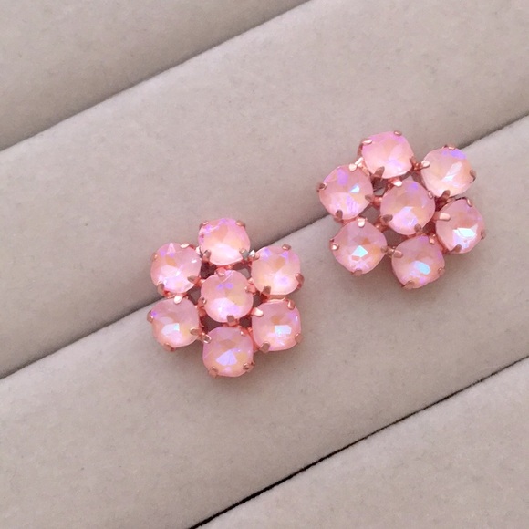 Pink Opal Aurora Borealis + Rose Gold Crystal Flower Statement Earrings - Picture 4 of 7